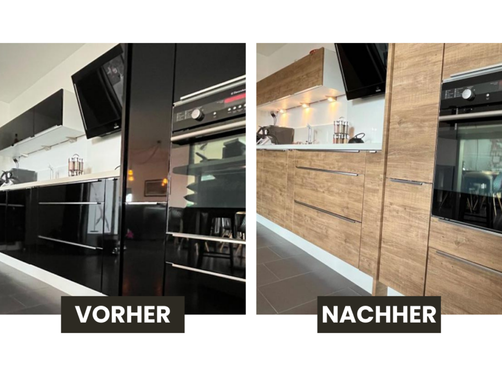 Küchenfolierung Kosten – modernisierte Küche in Holzoptik nach professioneller Folierung