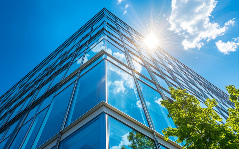 Glasfassade mit Sonnenschutzfolie – Gewerbeprojekt Rhein-Main
